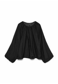Blusa nera leggera con vestibilità over-size, caratterizzata da ampie maniche a campana, scollo rotondo e dettagli arricciati lungo la spalla.
