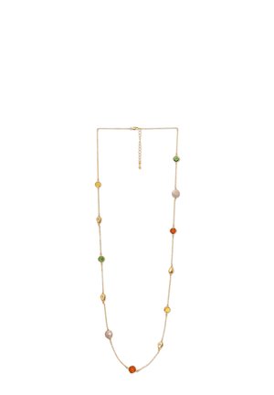 Goldene Kettenhalskette mit mehrfarbigen Akzenten, die kreisförmige und sechseckige Edelsteine in Grün, Gelb, Orange und Pink zeigt.