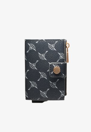 Portefeuille marine en cuir texturé avec motif géométrique blanc. Doté d'un bouton-pression doré et d'un compartiment zippé. Design compact.