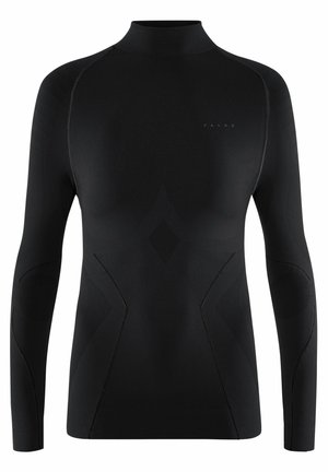 Zwart sportshirt met lange mouwen, een hoge kraag en subtiele textuurpatronen aan de voorkant en op de mouwen.