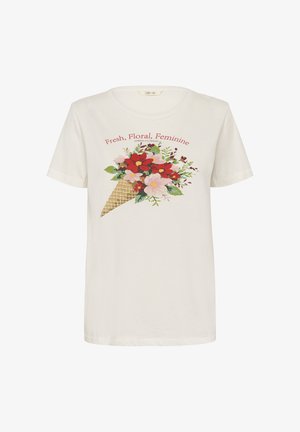 Short-sleeve white t-shirt featuring a floral design with red and pink flowers in a cone. Text reads "Fresh, Floral, Feminine."