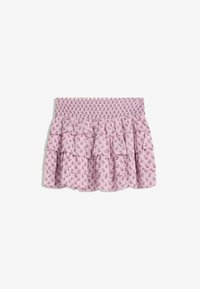 Gonna floreale rosa con vita arricciata, volant stratificati e tessuto leggero. Presenta piccoli motivi floreali in rosa scuro.