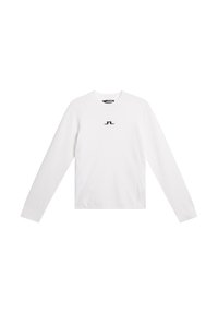 Camiseta de manga larga blanca con cuello redondo y pequeño logotipo negro centrado en el pecho, mostrada plana sobre un fondo blanco.