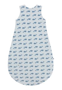 Katoenen slaapzak in lichtblauw, met een herhaald walvispatroon in donkerblauw. Ronde vorm met een drukknoopsluiting aan de onderkant.