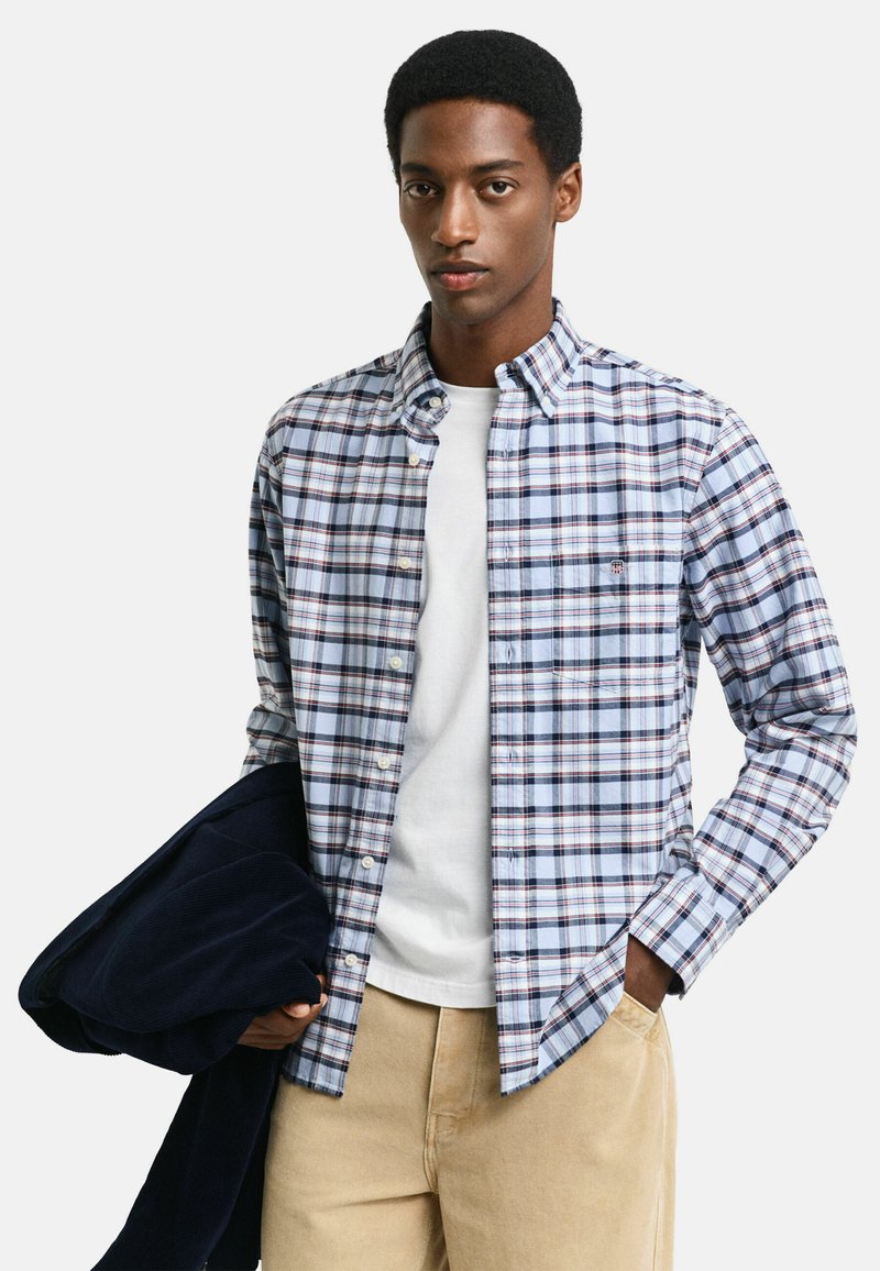 Blue and white plaid shirt with button-down collar, long sleeves, and chest pocket. Paired with a white t-shirt and beige pants.