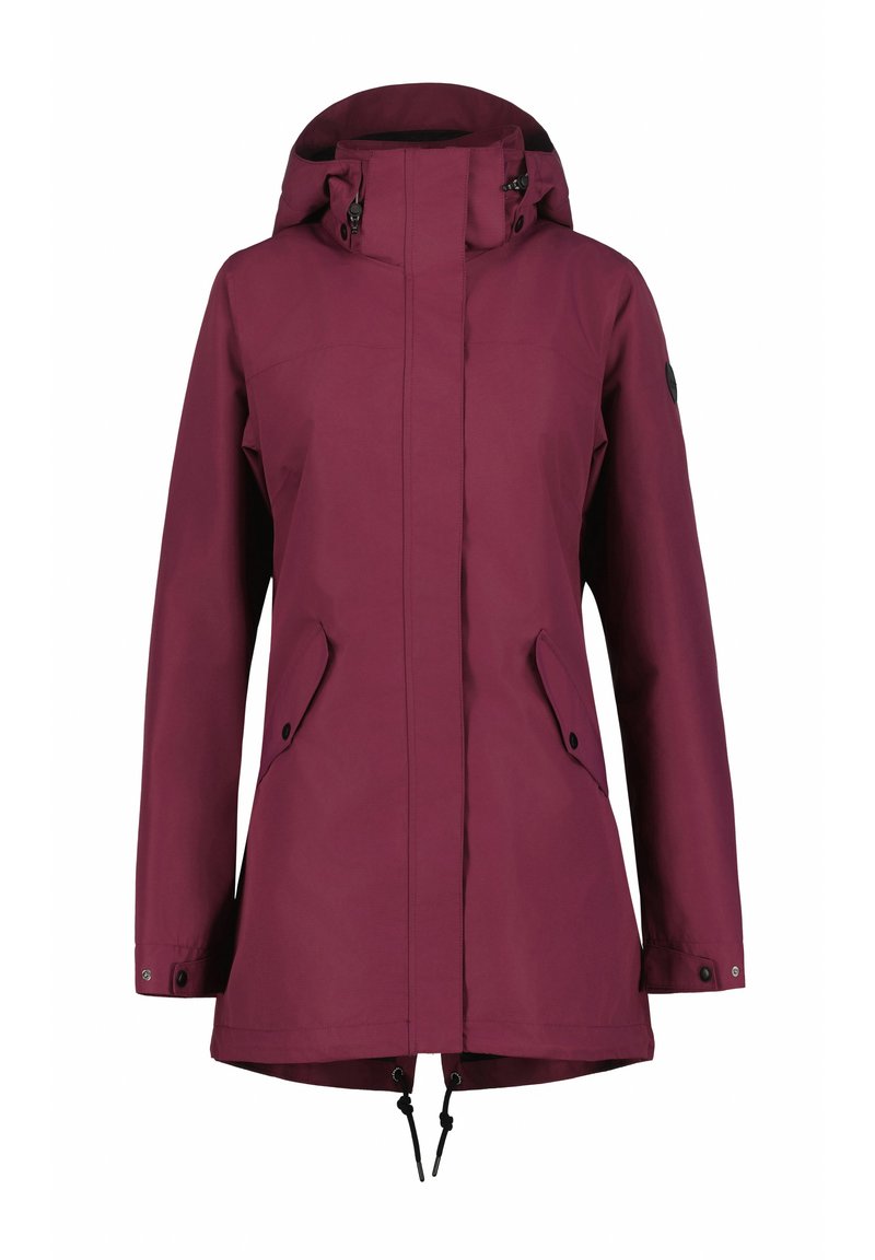 Bordeauxfarbene, wasserdichte Jacke mit Kapuze, Reißverschluss vorne, Seitentaschen, verstellbarem Kordelzugsaum und Druckknopfmanschetten. Glatte Textur.