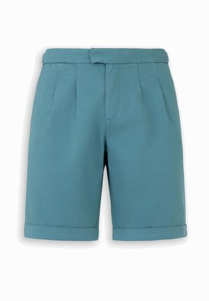 Pantaloncini verde petrolio fino al ginocchio con orli risvoltati, pieghe sul davanti e una chiusura con cerniera nascosta e cintura in vita.