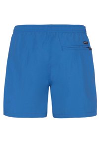 Pantalones cortos de baño azules para hombre con cintura elástica y un pequeño bolsillo con cremallera en la parte trasera derecha.