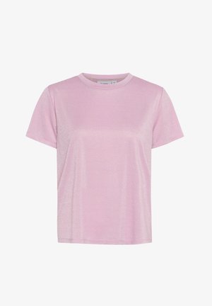 Rožinė trumpomis rankovėmis marškinėliai, pagaminti iš blizgios medžiagos, su apvaliu iškirpimu ir laisvu siluetu. Lygi tekstūra ir minimalūs dizaino elementai.