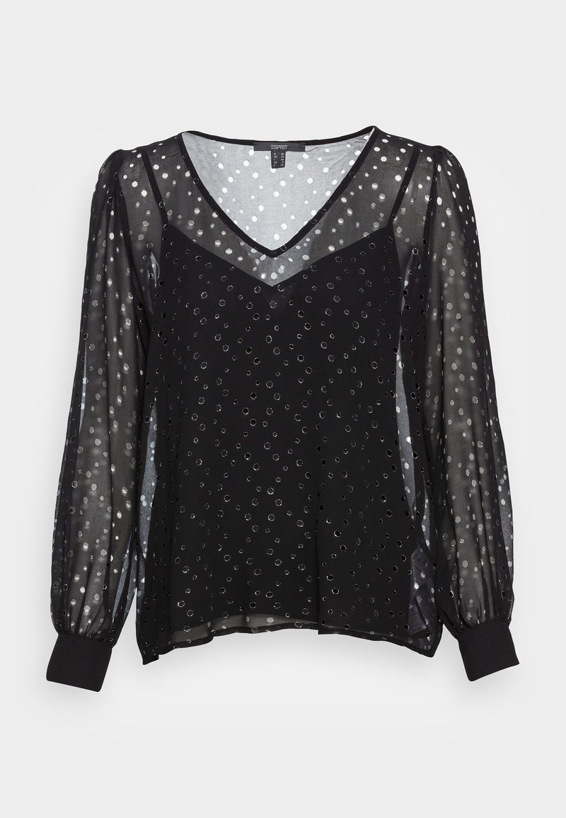 Black sheer blouse with long, gathered sleeves and V-neck, featuring silver dot patterns and a solid black hem. Lightweight fabric adds texture.