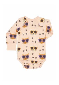 Långärmad bodysuit i mjukt persikofärgat tyg med lekfulla kattdesigner i solglasögon och tassavtrycksmönster. Tryckknappar i botten.