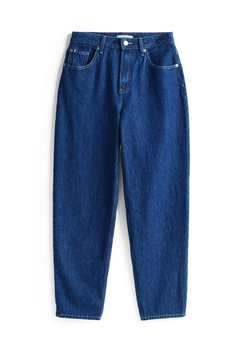 Ciemnoniebieskie dżinsy o luźnym kroju, proste nogawki, pięć kieszeni i zapięcie na guzik. Charakteryzują się kontrastowym przeszyciem.