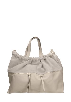 Borsa tote in pelle e suede beige con parte superiore arricciata, tasche frontali con zip, doppi manici e una texture morbida.