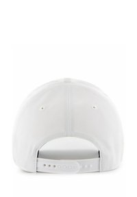 White baseball cap with a structured crown and ventilating eyelets, featuring a plastic snapback closure for adjustable fitting.
