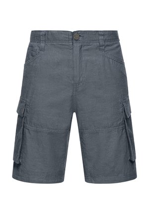 Shorts cargo gris en tissu tissé, dotés de poches latérales, d'une fermeture à bouton et d'une coupe droite.
