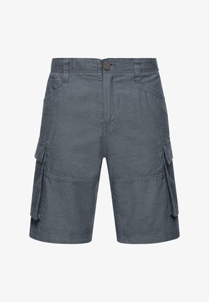 Pantaloni cargo grigi realizzati in tessuto intrecciato, con tasche laterali, chiusura a bottone e un design a taglio dritto.