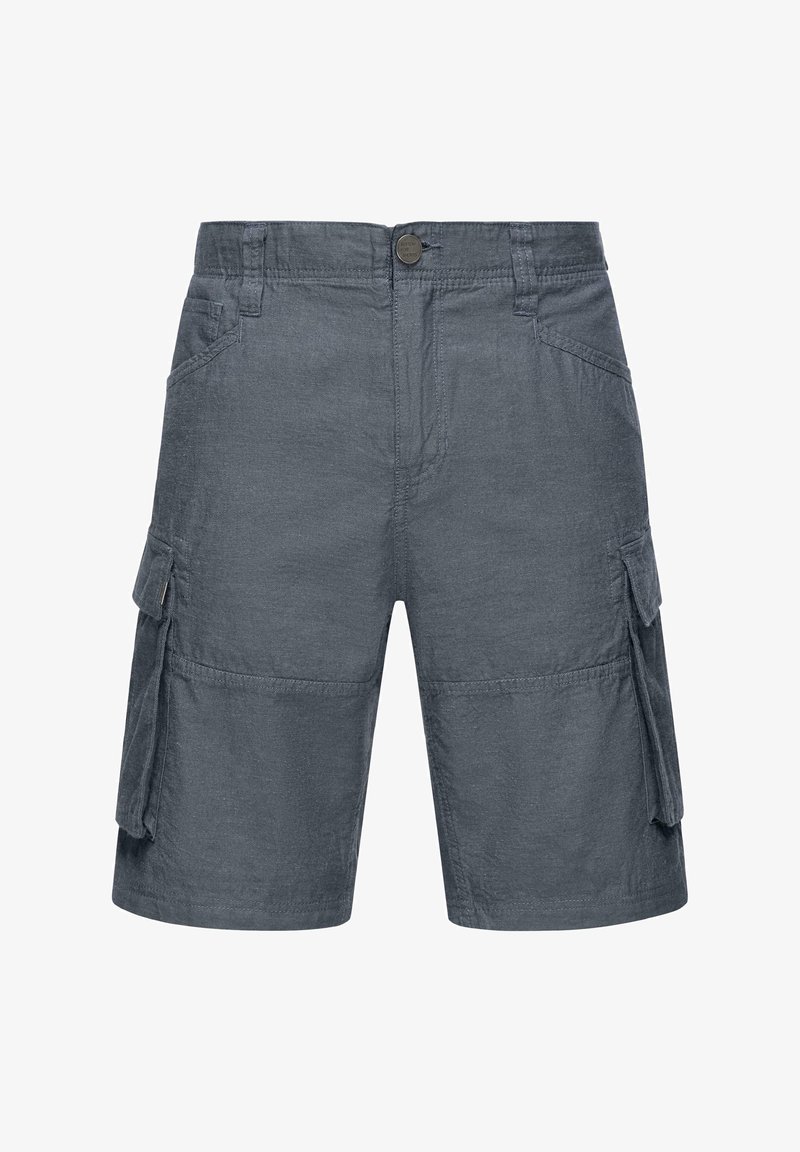 Gray cargo shorts made of woven fabric, featuring side pockets, a button closure, and a straight cut design.