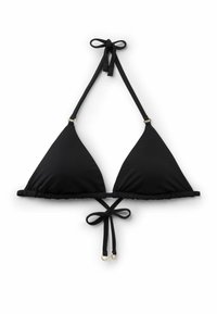Top de bikini negro de triángulo con lazos ajustables en el cuello y la espalda, con pequeños aros dorados como detalles en las tiras.