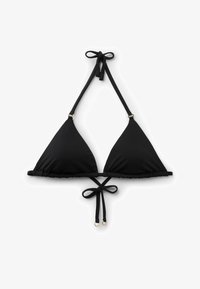 Top de bikini negro de triángulo con lazos ajustables en el cuello y la espalda, con pequeños aros dorados como detalles en las tiras.