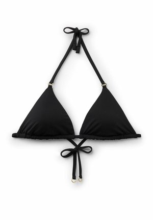 Top de bikini negro de triángulo con lazos ajustables en el cuello y la espalda, con pequeños aros dorados como detalles en las tiras.