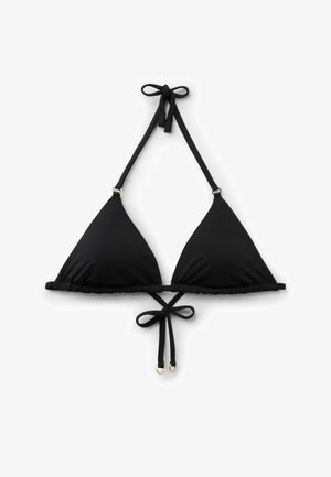 Top de bikini negro de triángulo con lazos ajustables en el cuello y la espalda, con pequeños aros dorados como detalles en las tiras.