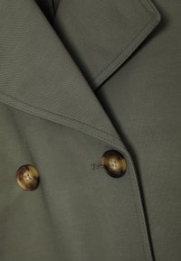 Nærbillede af olivengrøn frakke med brune skildpaddemønstrede knapper og synlige syninger på krave og revers.