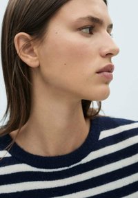 Maglione a righe blu navy e bianche con collo rotondo a costine. Textura morbida e vestibilità casual. Il modello ha i capelli lisci, mostrati di profilo.