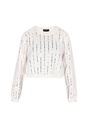 Pull court en tricot blanc avec des sequins argentés verticaux, des poignets et un ourlet côtelés, un col rond et des manches longues.