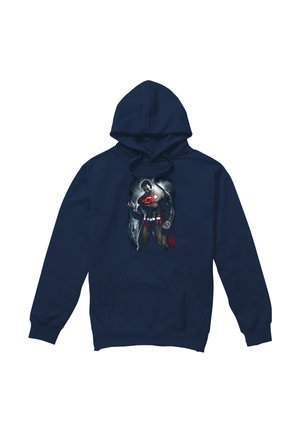 Navy hoodie with front pocket featuring a graphic of a muscular superhero with a red and white emblem and cape.