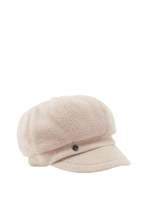 Hellbeige strukturierte Woll-Baker-Boy-Mütze mit kleinem rundem Metalllogo am vorderen Band und gebogener Krempe.