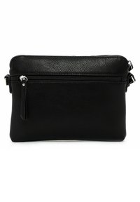 Bolso de mano de cuero negro con un acabado texturizado. Presenta un cierre de cremallera, un bolsillo frontal con cremallera y una correa desmontable para un uso versátil.
