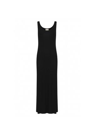 Černé, bezramínkové maxi šaty vyrobené z měkké látky, s kulatým výstřihem a přiléhavým střihem, který se rozšiřuje do zvonového lemu.