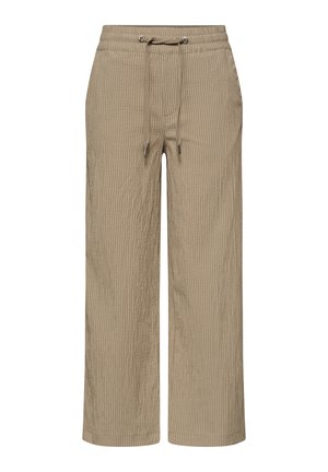 Pantalon beige à jambes larges avec fines rayures blanches verticales, taille élastique et cordon frontal avec embouts métalliques.