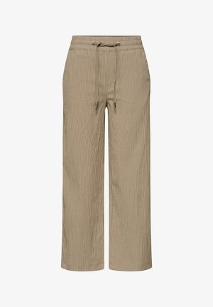 Beige wijde broek met dunne verticale witte strepen, elastische tailleband en een voorste trekkoord met metalen uiteinden.