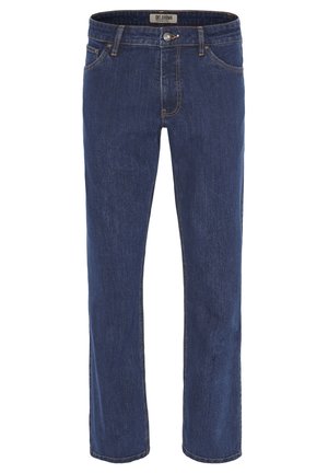 Dunkelblaue Jeans aus Denim mit geradem Bein, vorderen Taschen und kontrastierenden Nähten, mit einem Knopf- und Reißverschlussverschluss an der Taille.