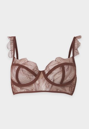 Soutien-gorge en dentelle marron transparente avec armature et fines bretelles, présentant des détails en dentelle ondulée sur les bonnets et des bords à volants sur les bretelles.