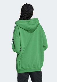 Persoon met gevlochten haar die een loszittende groene hoodie draagt met witte strepen op de mouwen, gezien van achteren tegen een effen achtergrond.