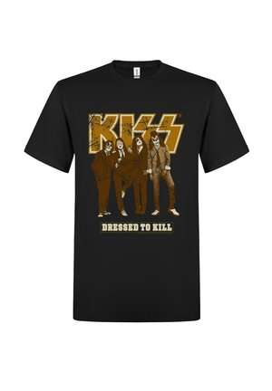 Musta T-paita, jossa on kultainen KISS-logo, neljä bändin jäsentä pukuineen ja kasvomaalauksineen, sekä alla teksti "Dressed to Kill".