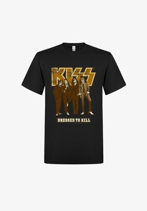 Sort T-shirt med gyldent KISS-logo, fire bandmedlemmer i jakkesæt med ansigtsmaling og teksten "Dressed to Kill" nedenunder.