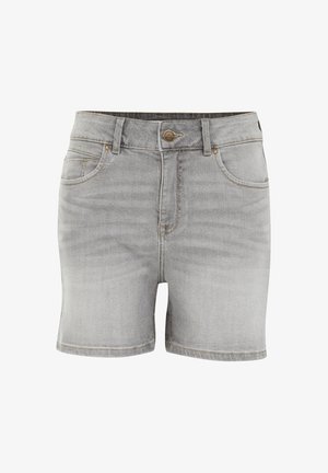 Hallide denimi lühikesed püksid klassikalise disainiga, nööbiga suletav, viie taskuga ja kerge kivipesu tekstuuriga. Toorõmblusega lõpetus.