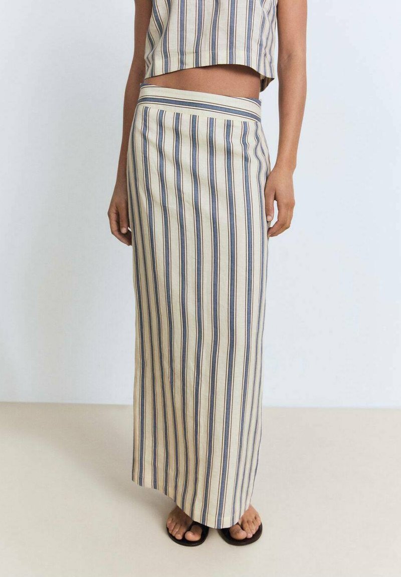 Lichte, gestreepte maxi rok in beige met blauwe en roestkleurige verticale lijnen. Fijne textuur, brede tailleband en volle, vloeiende design.