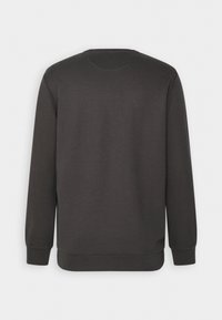 Mörkgrå sweatshirt med långa ärmar, rund halsringning, ribbade cuffs och fåll, slät textur och inga synliga mönster eller logotyper.
