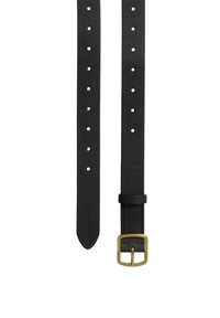 Zwarte leren riem met een gladde textuur, een goudkleurige rechthoekige gesp en meerdere metalen gaatjes voor een verstelbare pasvorm.