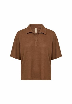 Brown short-sleeve knit polo shirt with collar and two buttons, loose fit, made from a textured fabric.