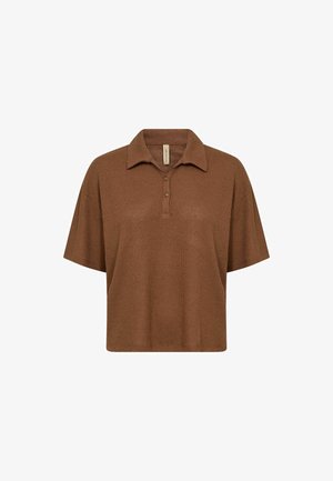 Barna, rövid ujjú kötött galléros póló két gombbal, laza szabású, texturált anyagból készült.
