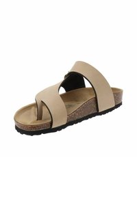 Infradito beige con cinturini incrociati, suola con texture in sughero e suola in gomma nera. Progettate per comfort e facilità d'uso.