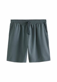 Pantalones cortos grises de tela suave con cintura elástica y cordón ajustable. Cuenta con dos bolsillos laterales y un ajuste relajado.