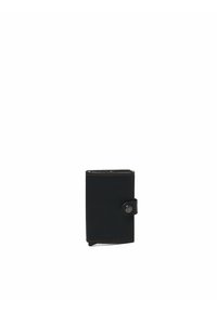 Black leather wallet with contrast stitching, snap closure, compact rectangular shape, and multiple card slots visible along the top edge.