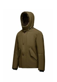 Giacca puffer verde oliva con cappuccio staccabile, chiusura con bottoni, tasche laterali e polsini elastici. Presenta un tessuto liscio e un design ampio.