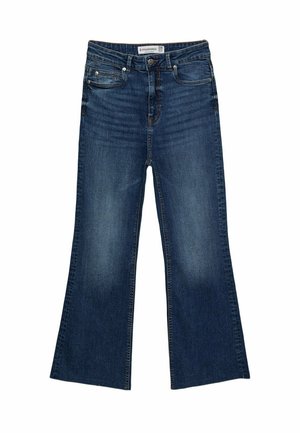 Jeans in denim a gamba larga con lavaggio blu scuro, caratterizzati da una texture liscia, tasche anteriori, passanti per cintura e chiusura con bottoni.